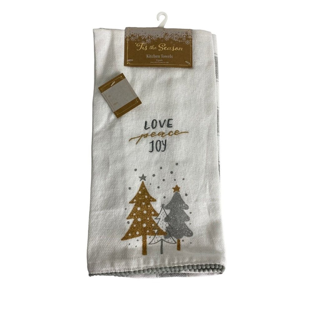 Tis the Season Christmas Kitchen Towels  White Love Peach Joy NEW Set of 2